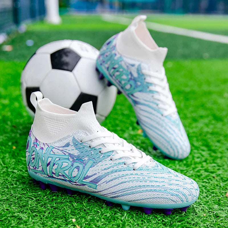 Unisex High-Top Football Shoes AG Long Nails Anti-Slip Leather Black for Teenagers And Adults