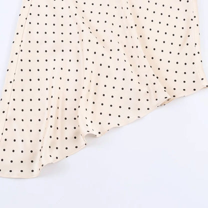 Elegant Women's Polka Dot Satin Midi Skirt High Waist Asymmetrical Hem Flowy Slip Skirt