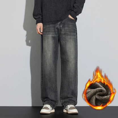 Korean Wide Legs Fleece Jeans Men's Winter Warm Thickened Velvet Loose Straight Casual Denim Pants Korean Fashion Trousers