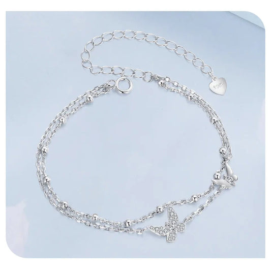 Womens Double-Layer Butterfly Bracelet 925 Sterling Silver CZ Layered Bracelet Dainty Beaded Chain Adjustable 5.9"+2.3"