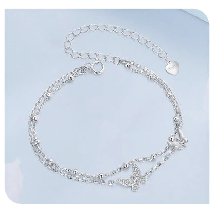 Double-Layer Butterfly Bracelet 925 Sterling Silver Adjustable CZ Layered Beads Wrist Chain Dainty Party Gift for Women