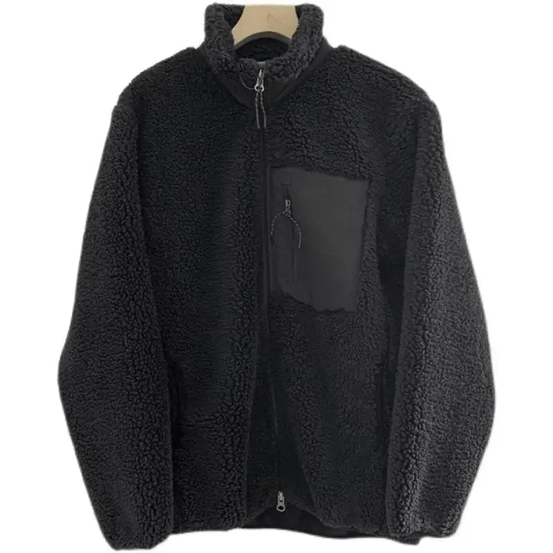 Autumn and Winter Japanese Men's and Women's Fleece Stand Neck Jacket Couple Zipper Loose Warm Lamb Wool Coat Solid Color Jacket