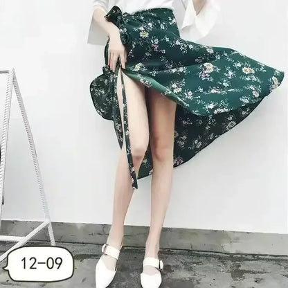 2025 New Women's One-Piece Floral Print Skirt High Waist Wrap Chiffon Beach Dress with Tie Waist Summer Vacation Boho Style