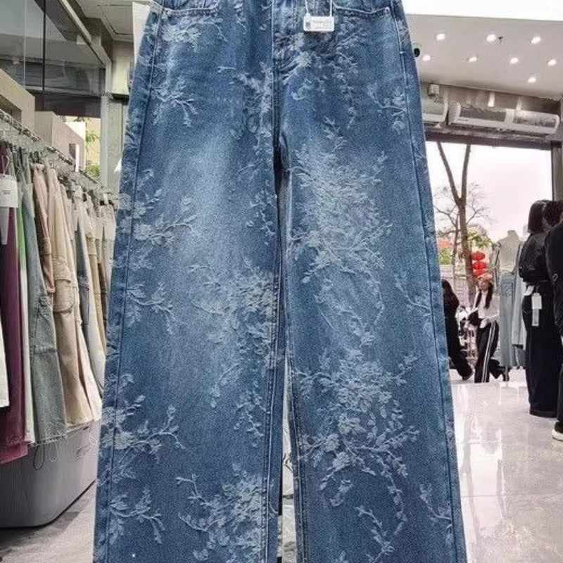 Korean Niche Jacquard Wide-leg Jeans Women Summer Trousers New Design Sense High-waist Casual Straight-leg Floor-length Pants