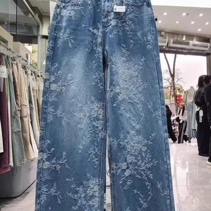 Korean Niche Jacquard Wide-leg Jeans Women Summer Trousers New Design Sense High-waist Casual Straight-leg Floor-length Pants