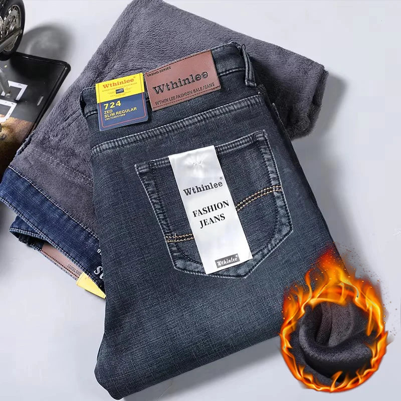 High Quality Winter Thermal Warm Flannel Jeans Men Famous Brand Fleece Denim Pants Straight Flocking Trousers Male Plus Size 40