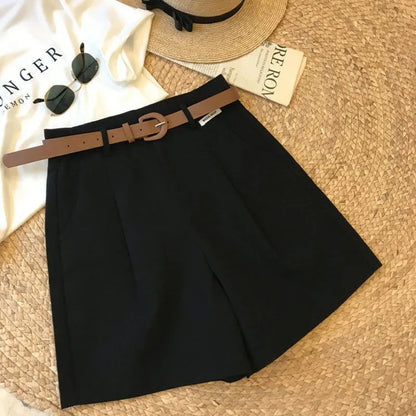 Summer new wide leg shorts Thin cotton A-frame shorts Office ladies classic loose casual zipper shorts for women