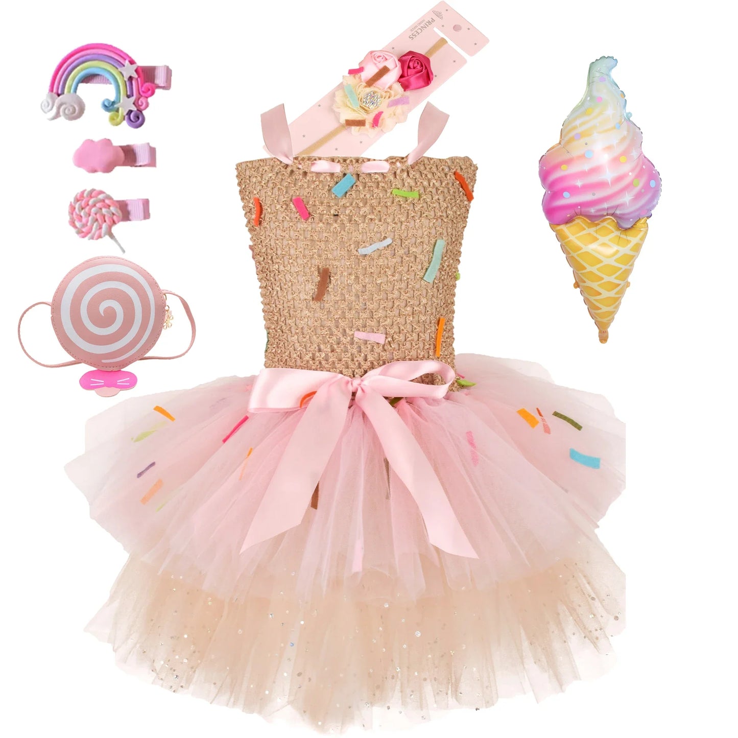 2026 Purim Girls Candy Icecream Dress Handmade Mesh Tutu Dress Childrens Birthday Carnival Party Ball Gown With Icecream Balloon