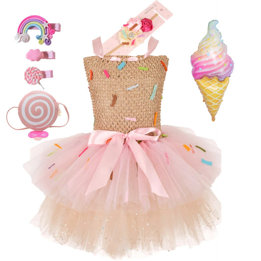 2026 Purim Girls Candy Icecream Dress Handmade Mesh Tutu Dress Childrens Birthday Carnival Party Ball Gown With Icecream Balloon