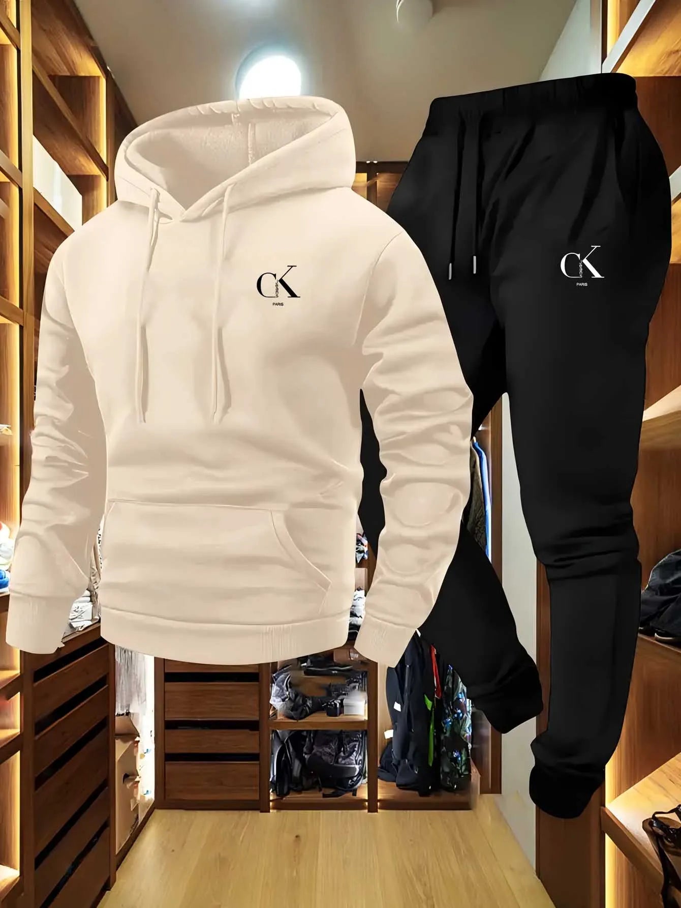 The 2025 men's printed hooded sweater and sports pants set with a casual grey pocket home wear is suitable for spring and autumn