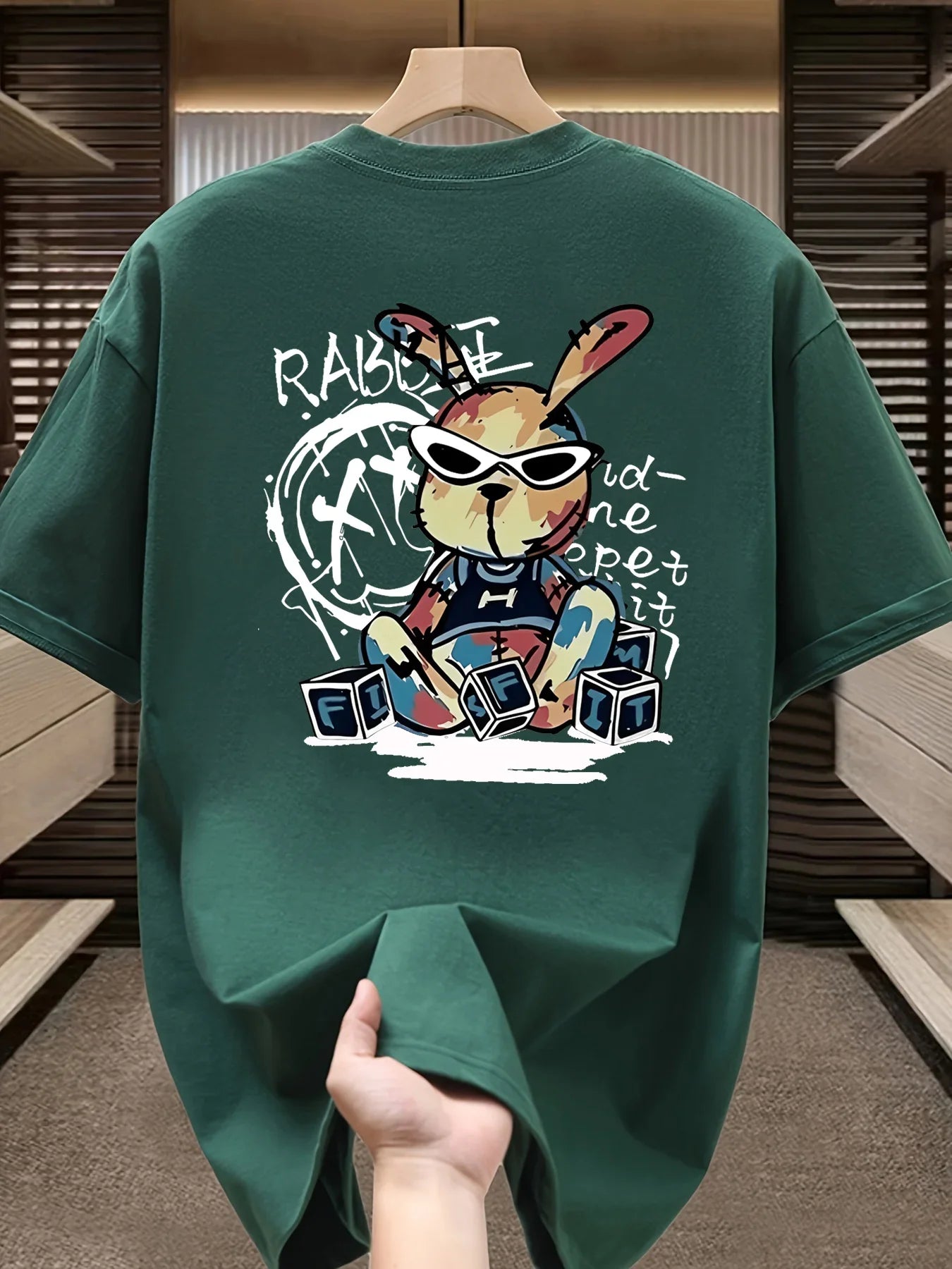 Men's summer 100% pure cotton fashionable casual loose black rabbit cartoon pattern printed round neck short sleeved T-shirt top
