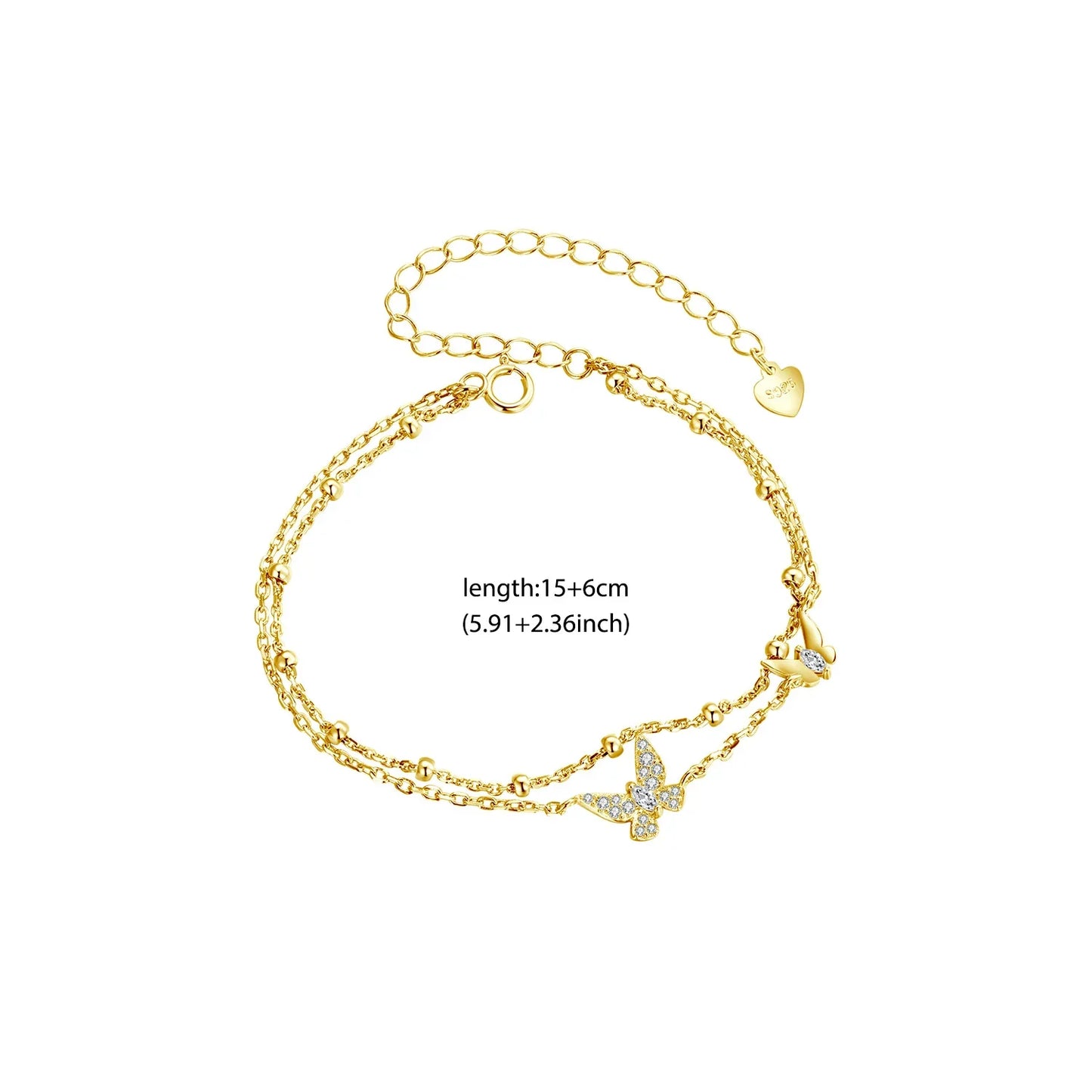 Womens Double-Layer Butterfly Bracelet 925 Sterling Silver CZ Layered Bracelet Dainty Beaded Chain Adjustable 5.9"+2.3"
