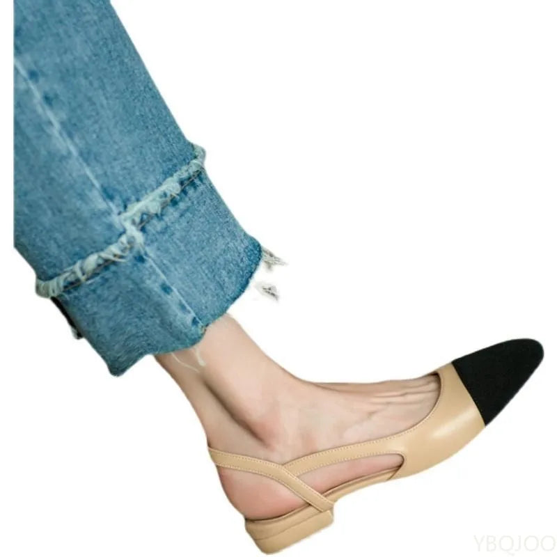 Summer Fashion Color Blocked Flat Bottom Coarse Heel Women's Sandals New Small Fragrant Style Shallow Mouth Low Tailored Shoes