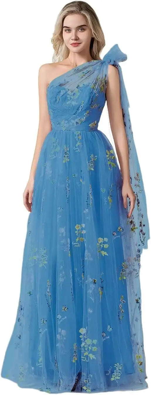Vestido Longo de Formatura Feminino Elegante de Um Ombro Só com Bordado Floral em Tule, Modelo Godê para Festas de Gala