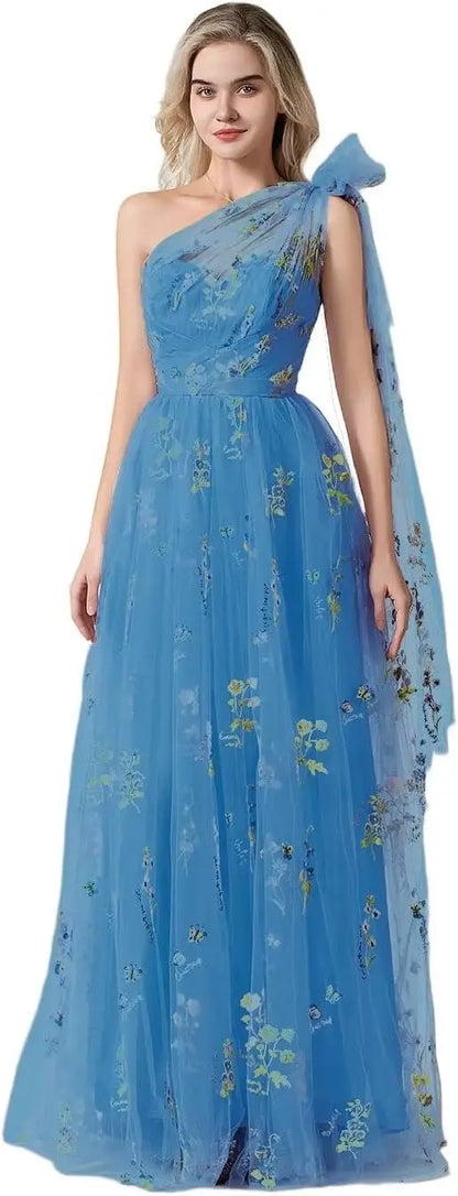 Vestido Longo de Formatura Feminino Elegante de Um Ombro Só com Bordado Floral em Tule, Modelo Godê para Festas de Gala