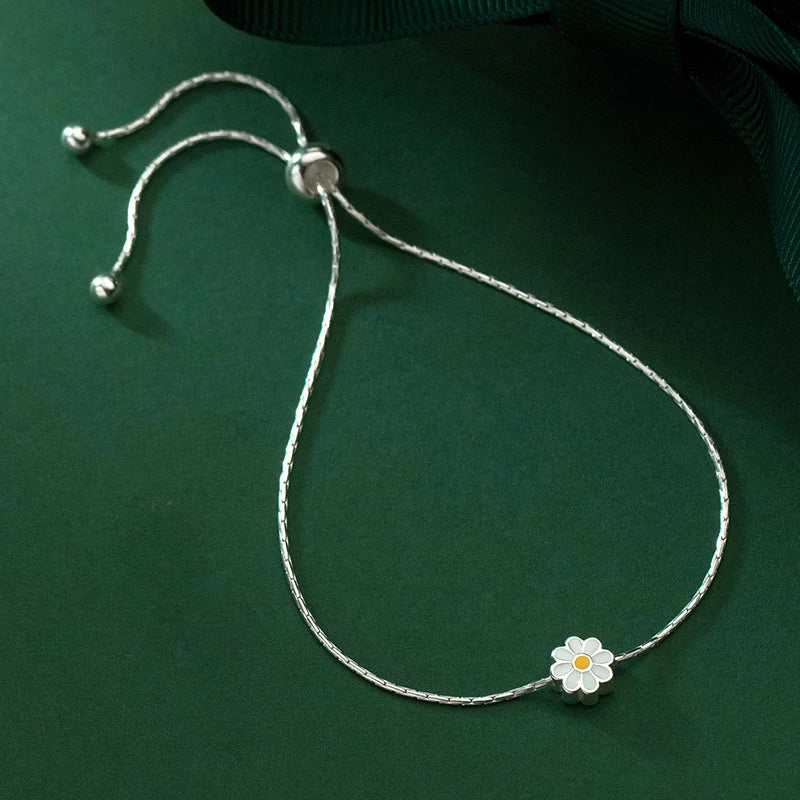Enamel Daisy Charms Bracelet Real 925 Sterling Silver Link Chain  Lucky Adjustable  Bracelets For Women Fine Jewelry