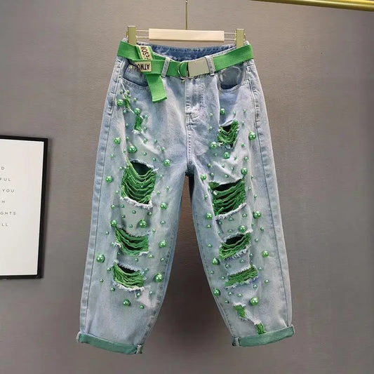 Denim Harem Pants Women Green Pearl High Waist Loose Oversized Jeans