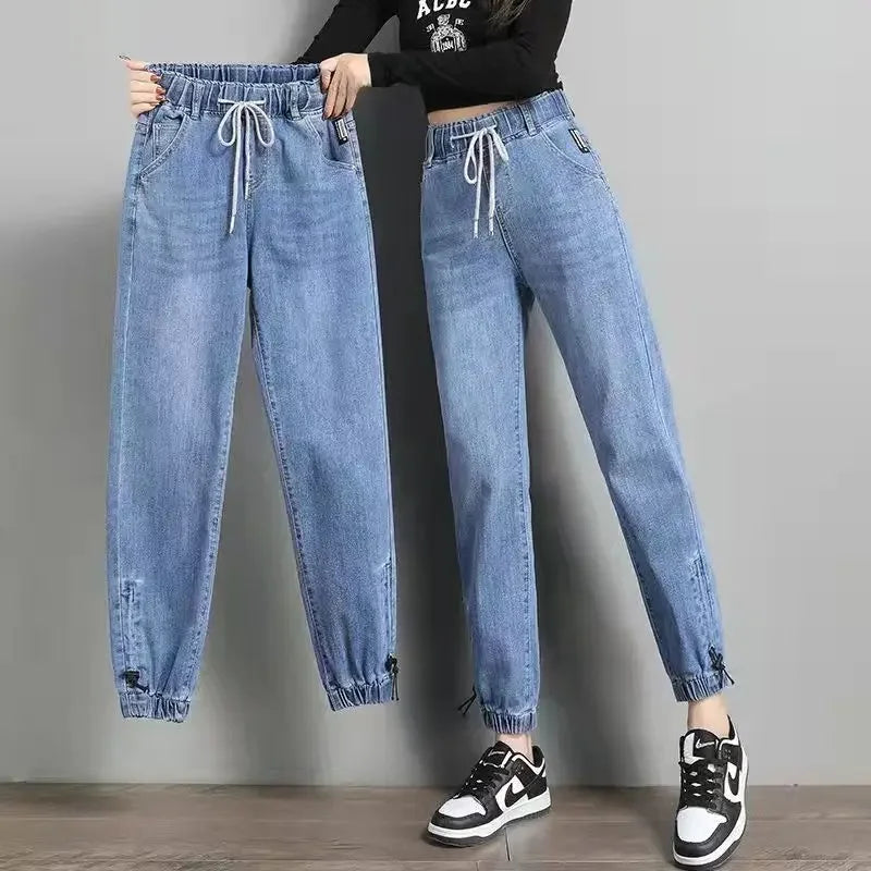 Women's Elastic Waist Denim Pants Cuffed Trendy Jeans