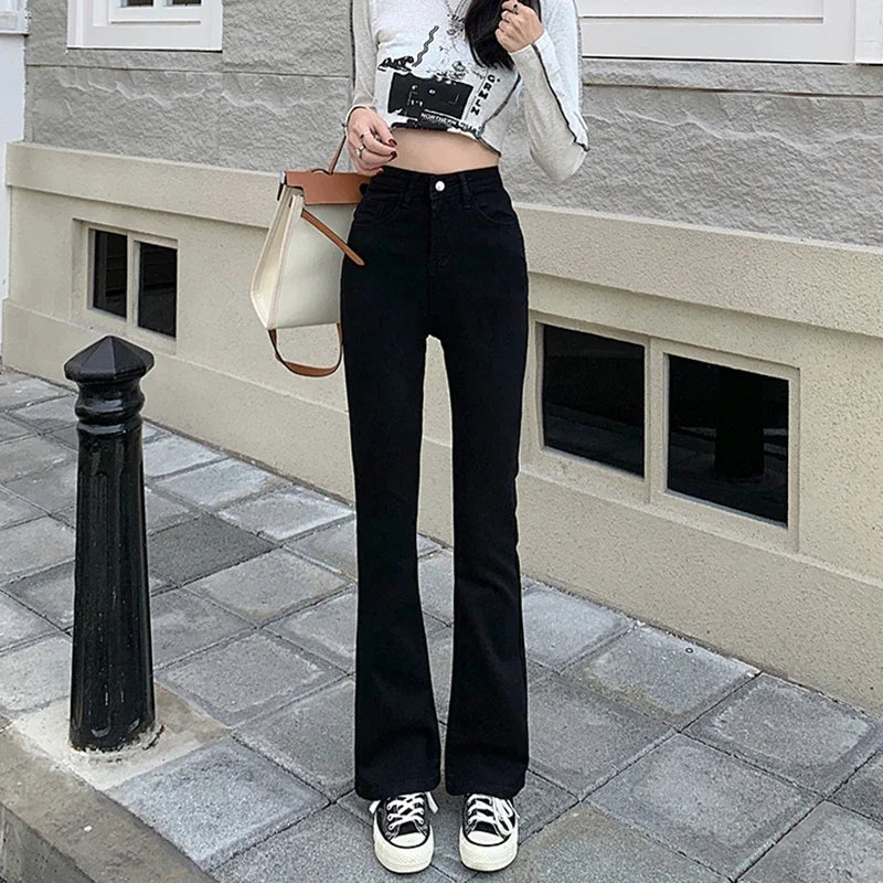 Woman American High Waist Slim Fit Bell Bottom Jeans Female Fashion Y2k Flare Pants Girls Elastic Designer Black Denim Trousers