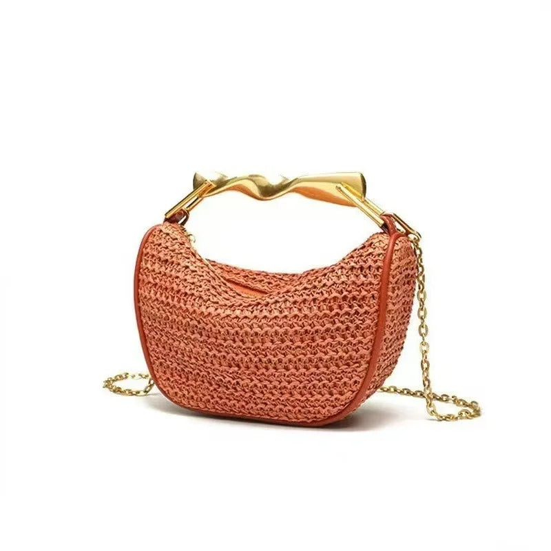 Metal Handle Straw Bags for Women Half Moon Rattan Woven Chain Shoulder Bag Bohemian Travel Beach Bag Designer Crossbody Handbag