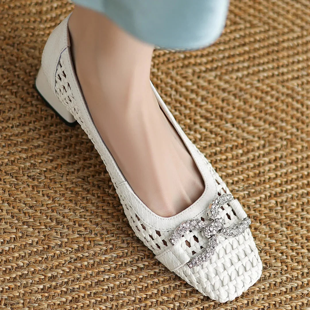 Women's genuine leather braided microfiber patchwork summer breathable pumps crystal buckle 4cm thick med heel daily dress shoes