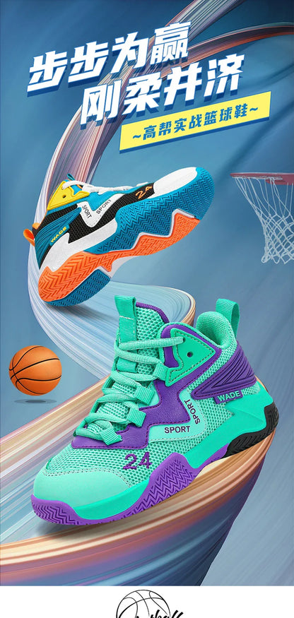 Children Basketball Shoes for Boys Girls Kids Teenagers Breathable Non-slip Lace Up Indoor Outdoor Training Sneakers Tennis Shoe