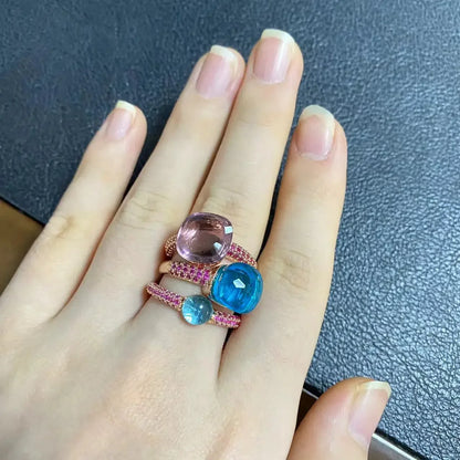 Conjunto de 3 anéis empilháveis ​​Nudo para mulheres, conjunto com cores mistas, cristais tipo bala incrustados, zircônia, ametista, topázio azul, joia redonda, presente