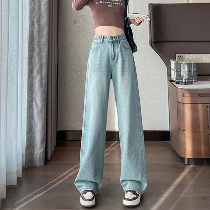 High Waist Embroidery Loose Denim Long Wide Leg Pants