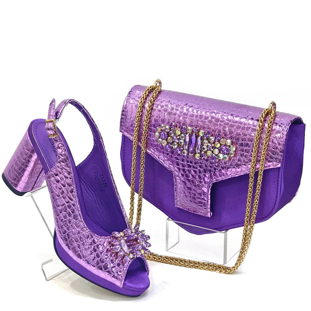 New Arrival Purple Colour Shoe and Bag Set Luxury Designer Shoes Women Matching Wedding Shoes and Bags Decorated With Rhinestone