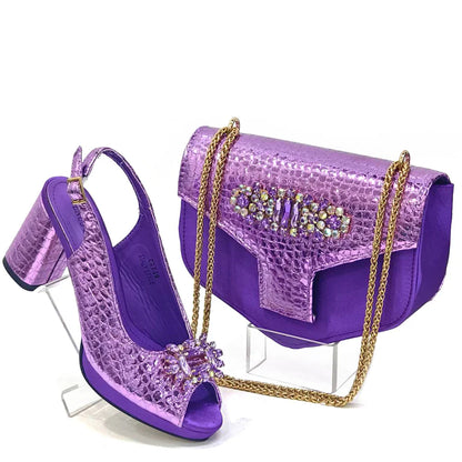 Italian Fashion Open Toe Women Strange Heels Bigger Size Fashion Rhinestone Decoration Brown Shoes And Bag Set Party Bag