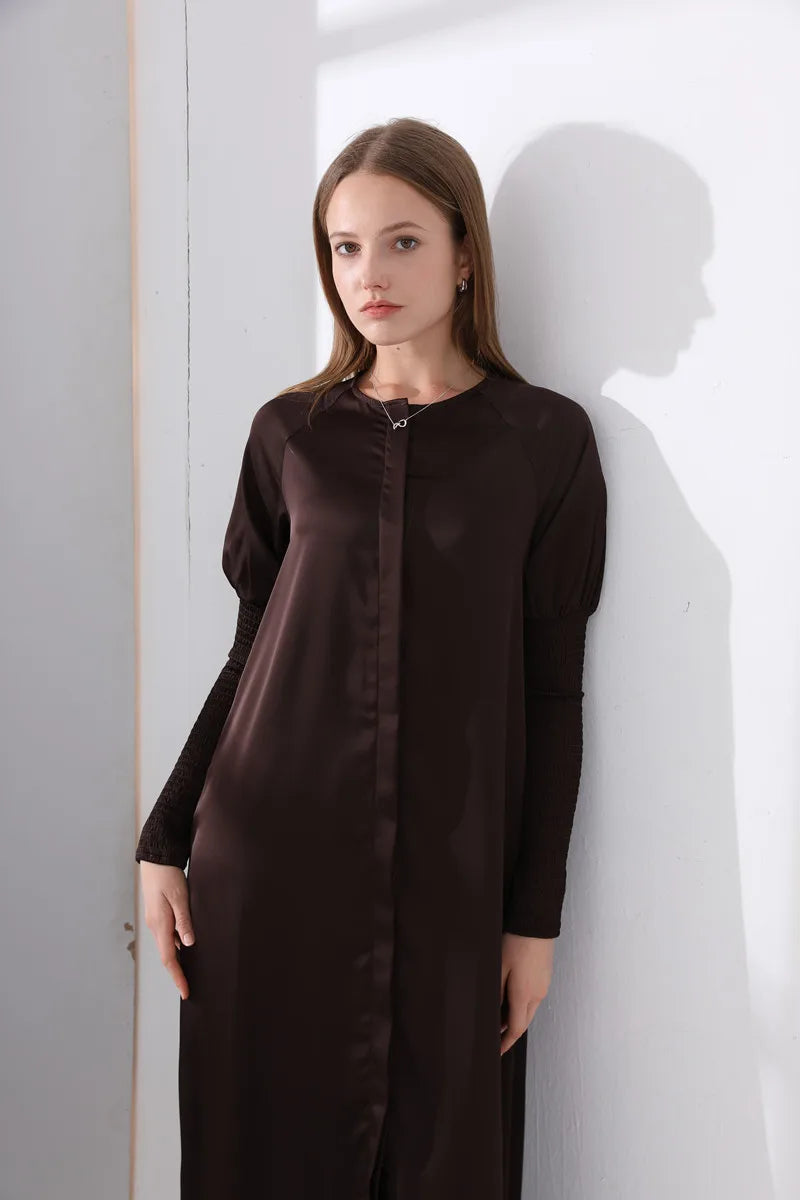woman clothing satin dress button down design smocking sleeve maxi dress ( Ship out in 1 day)