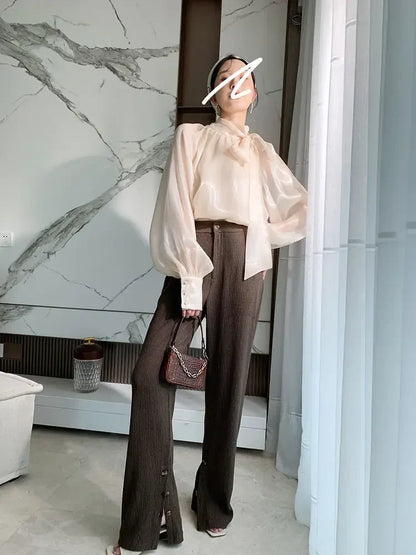 Women's Satin Blouses Stylish Big Bow Shirts 2023 Spring Autumn New Fashion Korean Edition Casual Puff Sleeve Female Solid Top