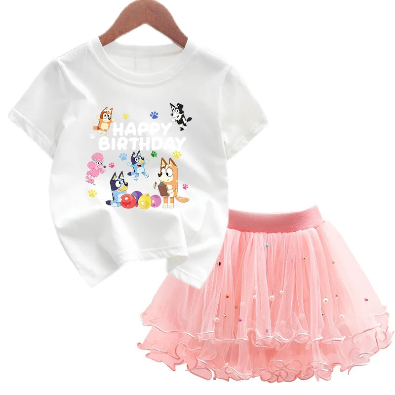 2Pcs/Set Girl Dress Kid Birthday Clothes Party Princess Dress Cartoon T-shirt+Tutu Skirt Summer Evening Christmas Gift