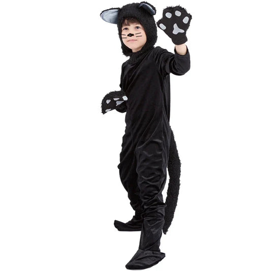 Black Cat Cosplay Children's Costume Cute Kitten Animal Onesie + Gloves + Hat Suit Suitable for Stage Show Halloween Party
