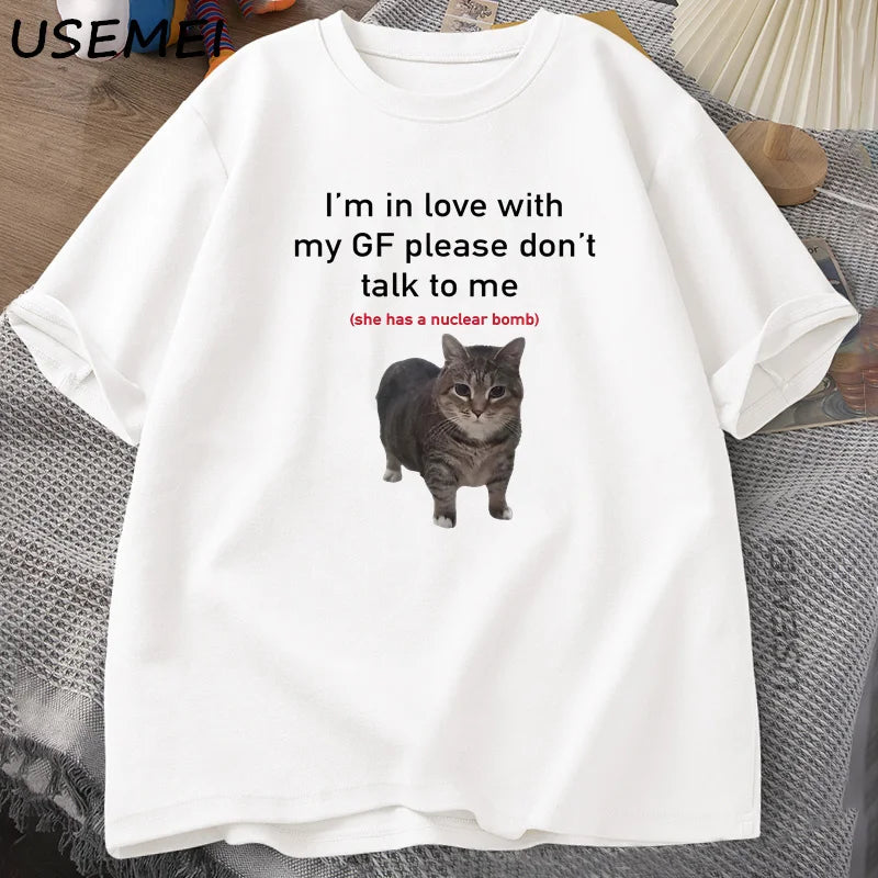 Asian size Funny Cat T-shirts Boyfriends Cotton O-Neck Oversized Tee Men's Short Sleeve T-shirt Couple Tees