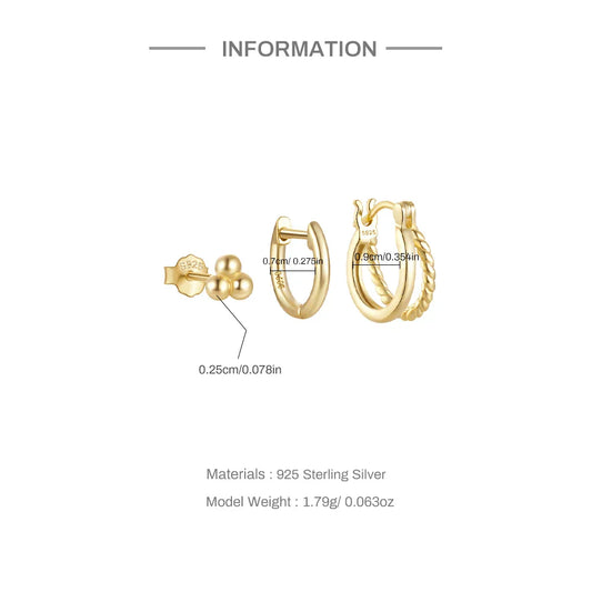 925 Sterling Silver 3PCS Zircon Double Layer Hoop Earrings For Women Minimalism Ins Earrings Fine Jewelry Party Gift