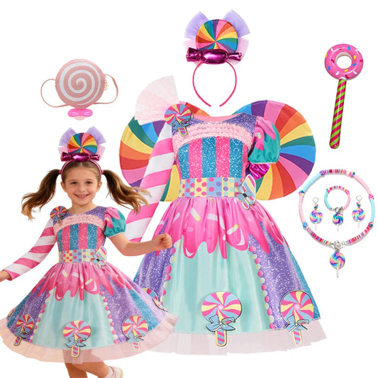 Girls Candy Fairy Lollipop Cosplay Costume Toddler Carnival Purim Rainbow Vestidos Girls Birthday Party Long Short Sleeves Dress