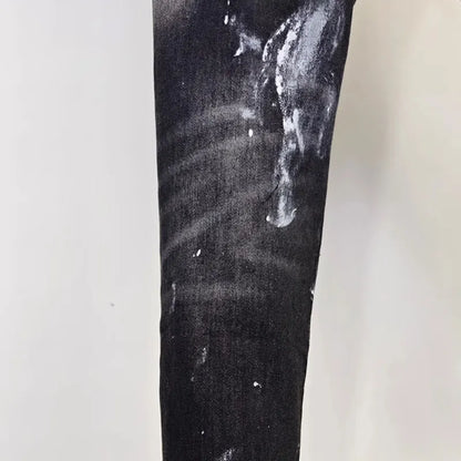 Street fashion men's black gray jeans, high-quality stretch slim fit painted corrugated jeans designer retro hip-hop brand pants