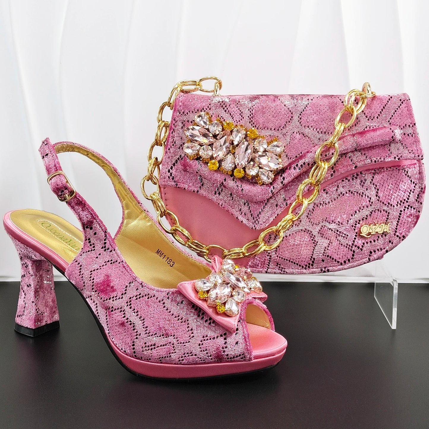 INS Purple Rhinestone-Embellished and Colorful Striped Design Party Wedding Peep Toe Bigger Size Ladies High Heels and Bag Set