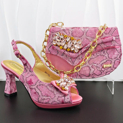 INS Purple Rhinestone-Embellished and Colorful Striped Design Party Wedding Peep Toe Bigger Size Ladies High Heels and Bag Set