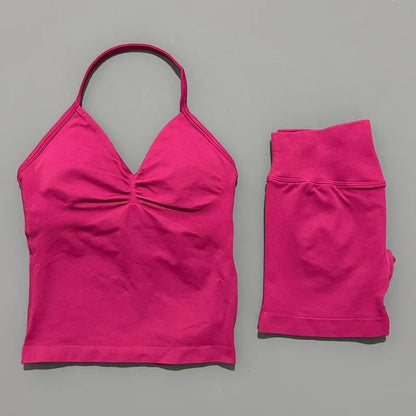 2 Pieces Sports Set Women Backless Halter Tops Fitness Tank Top High Waist Seamless High Stretch Shorts Gym Workout Sets