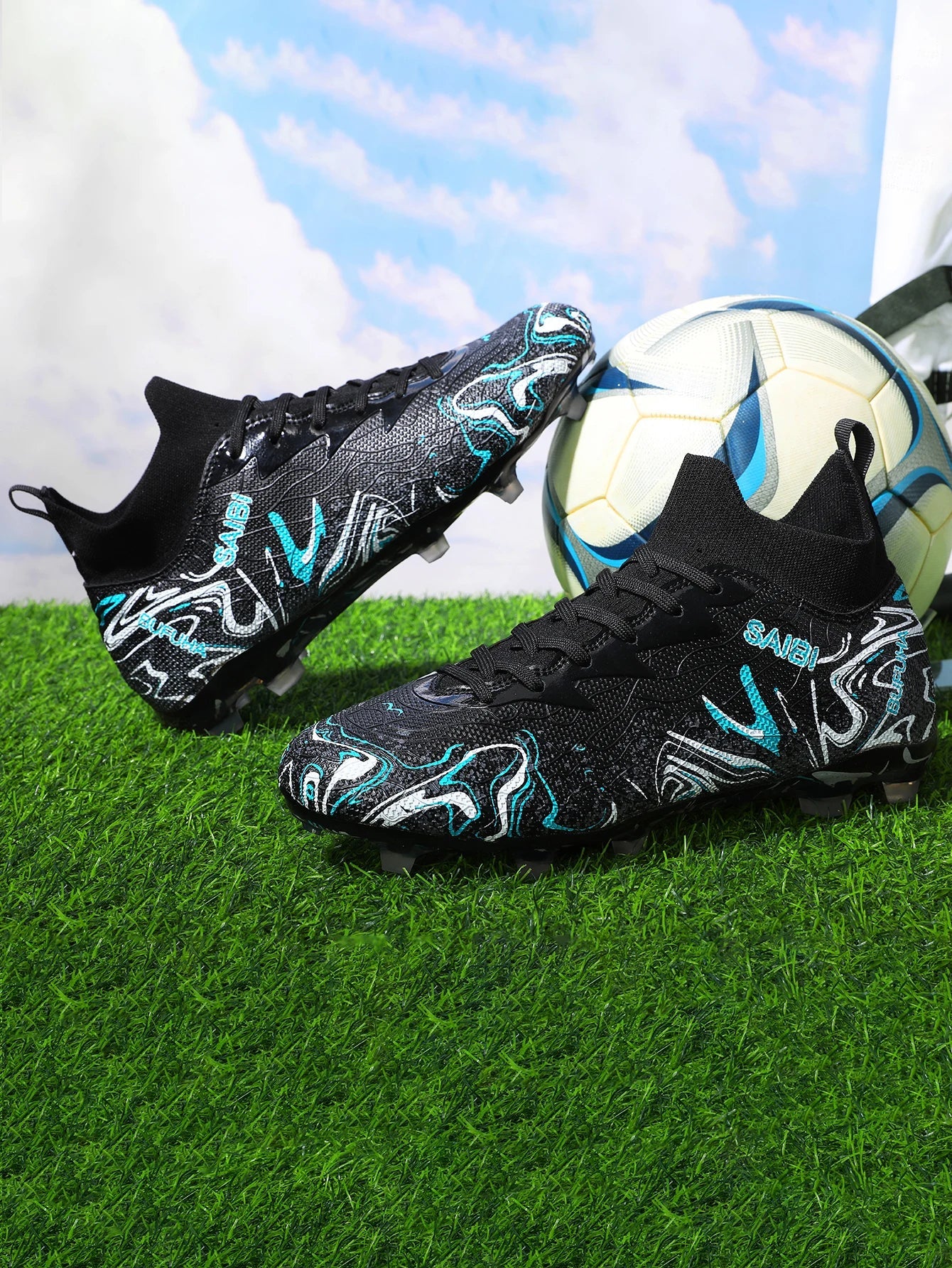 High-top football boots with long FG studs and TF studs,suitable for both men and women,featuring breathable and non-slip design
