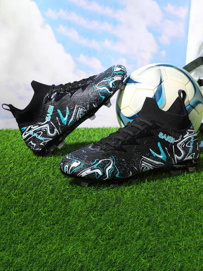 High-top football boots with long FG studs and TF studs,suitable for both men and women,featuring breathable and non-slip design