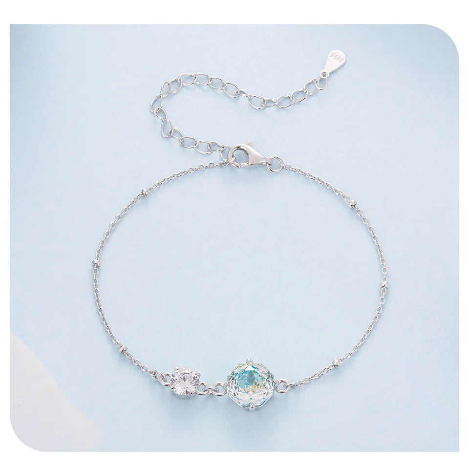 925 Sterling Silver Rainbow CZ Bracelet with Crystal Rose-Cut Flower Charm Adjustable Link Chain for Women Wrist Decor