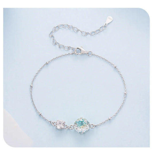 925 Sterling Silver Rainbow CZ Bracelet with Crystal Rose-Cut Flower Charm Adjustable Link Chain for Women Wrist Decor