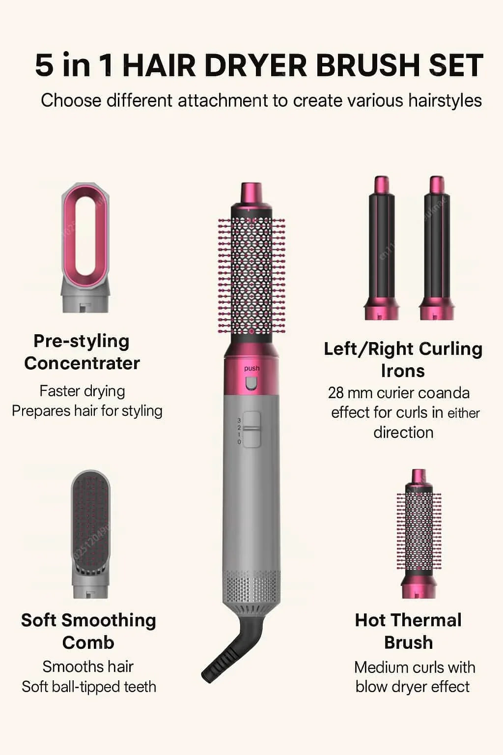 5 In 1 Professional Hair Dryer Hot Air Comb Brush With Curling Iron And Hair Straightener For Salon Quality Hair Styling