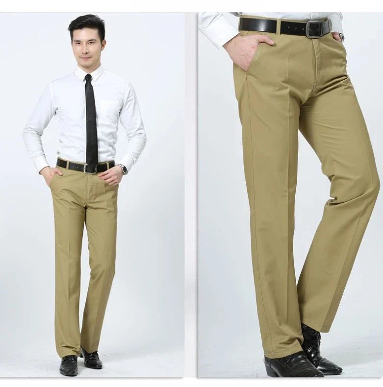 Summer Thin 100% Cotton Pants Mens Autumn Thick Suit Pant Slacks High Waist Straight Loose Bland Solid Business Casual Pants