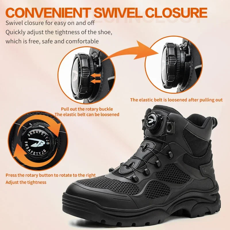 Men's Safety Work Boots Steel Toe Breathable Indestructible Puncture-Proof Rotary Buckle Shoes Comfortable Brand Work Footwear
