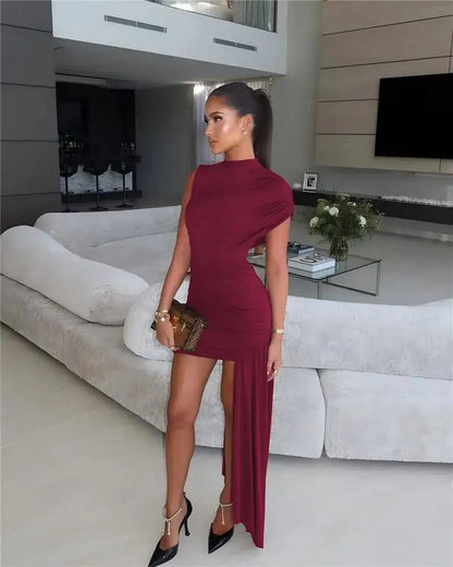 Summer Draped Ruched Sexy Mini Dress Women 2025 New Irregular High Waist Slim Fit Dress Female Elegant Club Tank Dress