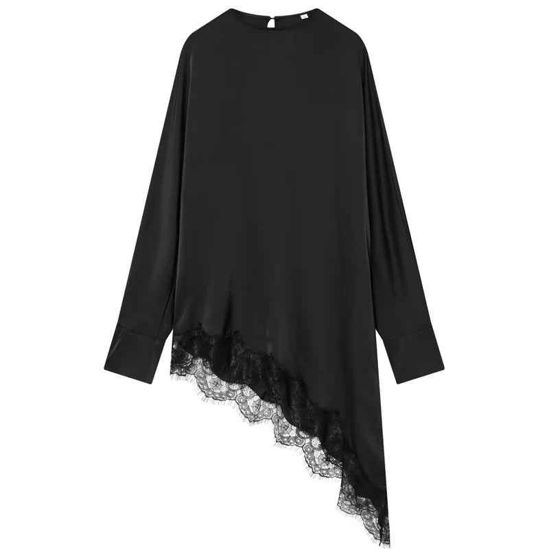 Lace Asymmetric Black Shirts Woman Blouses Spring Autumn 2026 Minimalist Women's O-Neck Long Sleeve Top Korean Style Blouse